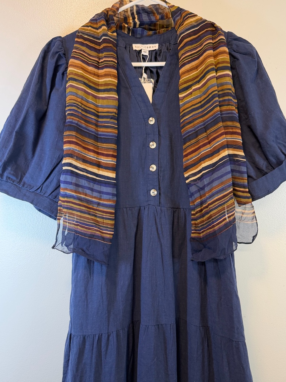 Baltic Born Camille Maxi Navy Tiered Dress with Striped Scarf Women’s Medium - Picture 3 of 8